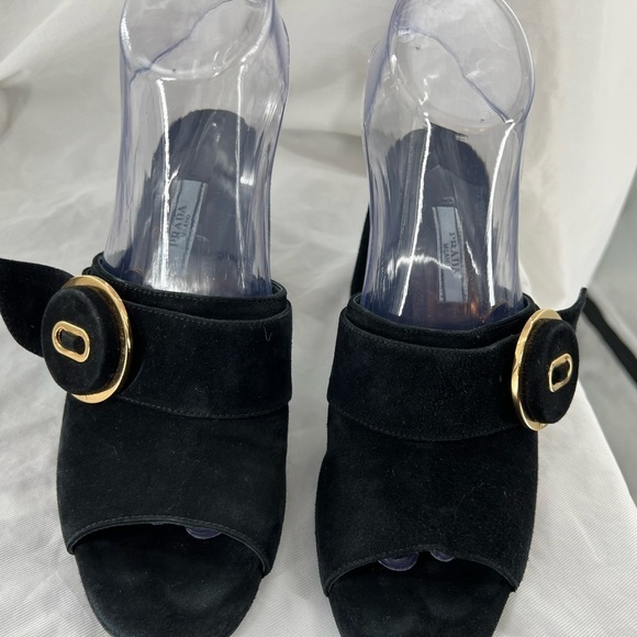 PRADA MILANO BLACK SUEDE CHUNKY HEEL SANDAL BLACK SIZE 37 EUR SIZE 6.5 US - Picture 2 of 16